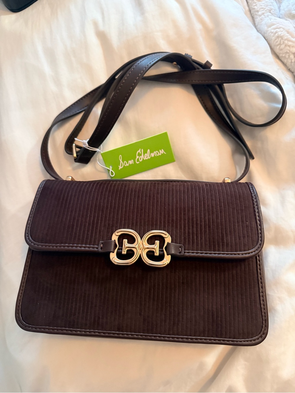 Sam Edelman Dark Brown Corduroy Crossbody with Gold Logo Clasp